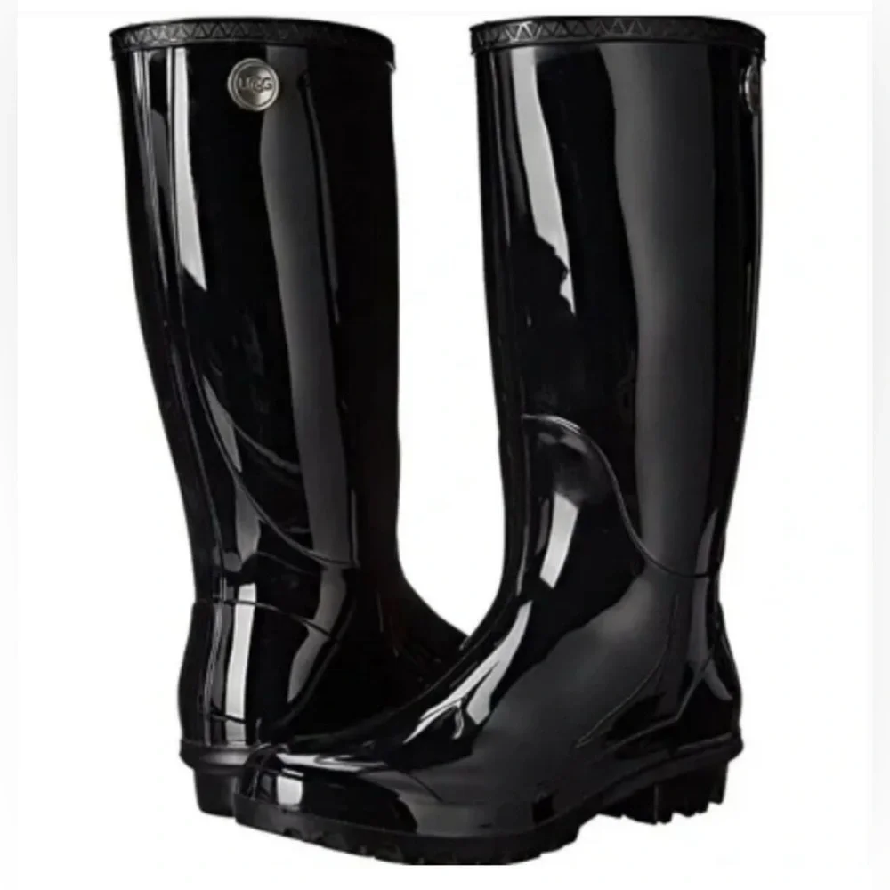 UGG AUS Shaye Glossy Black Tall Rain Boots Sheepskin Fur Lined Waterproof Spring
